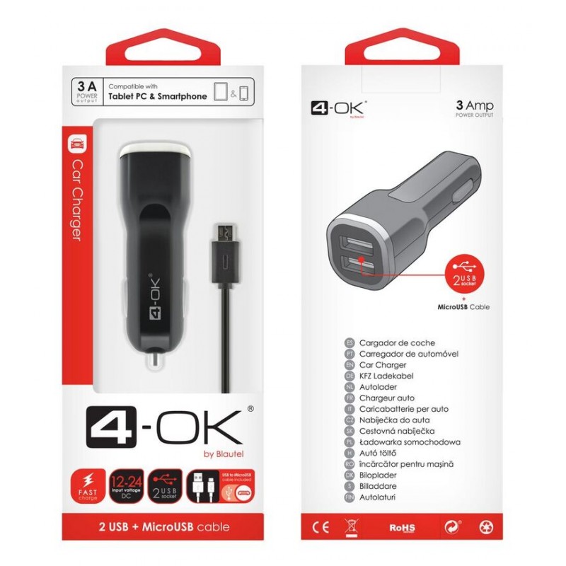 4-OK 2 x USB autolataus 3A + MicroUSB kaapeli